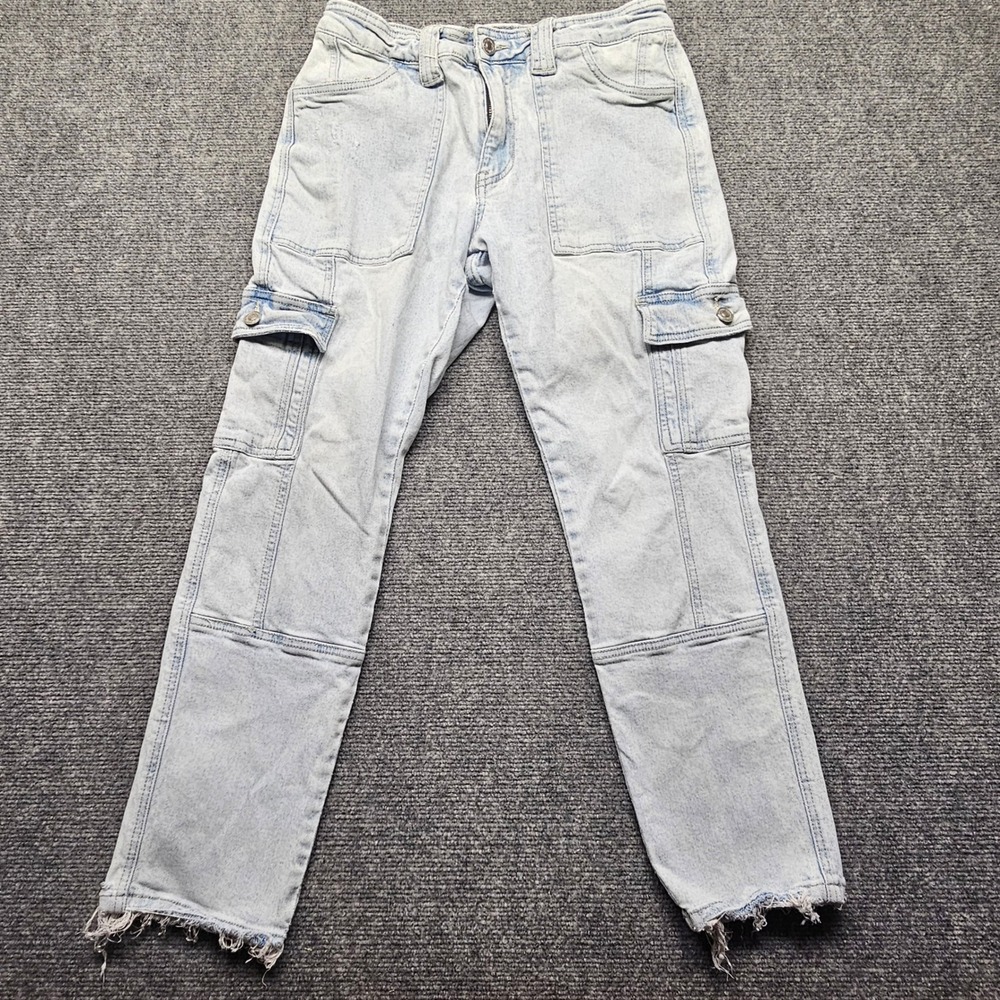 Kancan High Rise Cargo Jeans Light Wash Straight Leg Raw Hem KC7843L Size 9/28